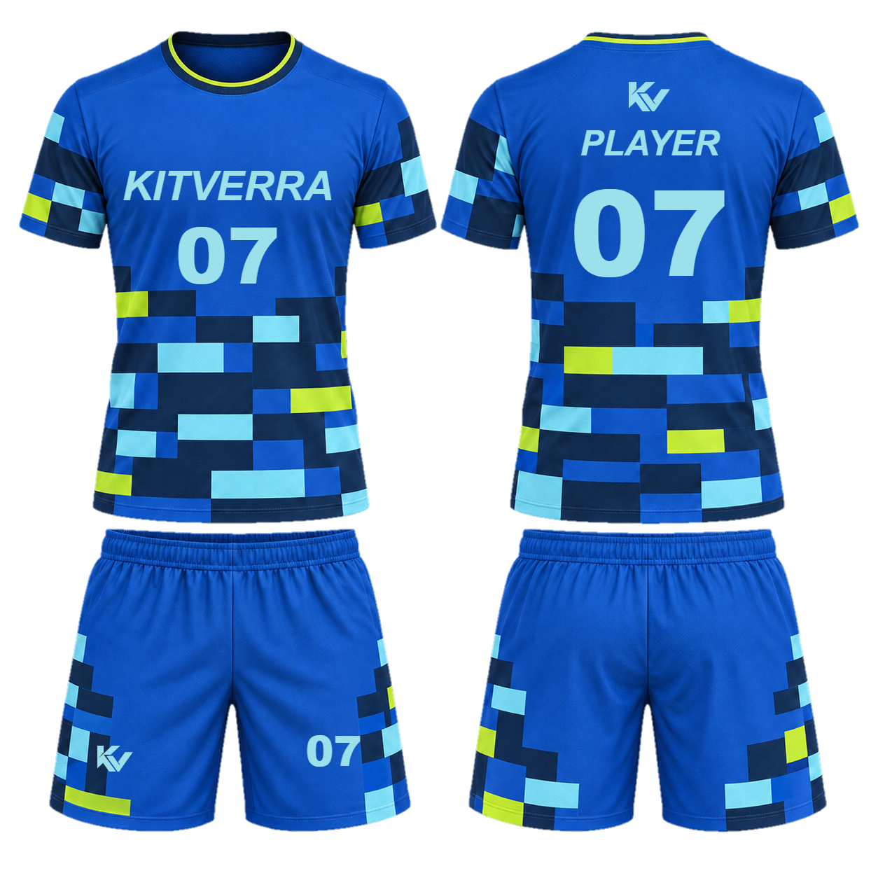 Cobalt Tiles field-hockey shirt and loose shorts, front and back