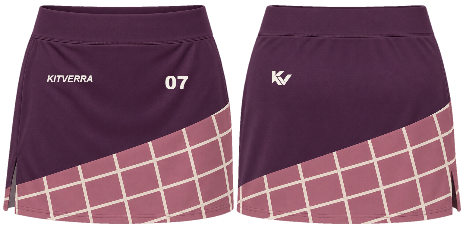 Plum Gridline field hockey match skort, front and back