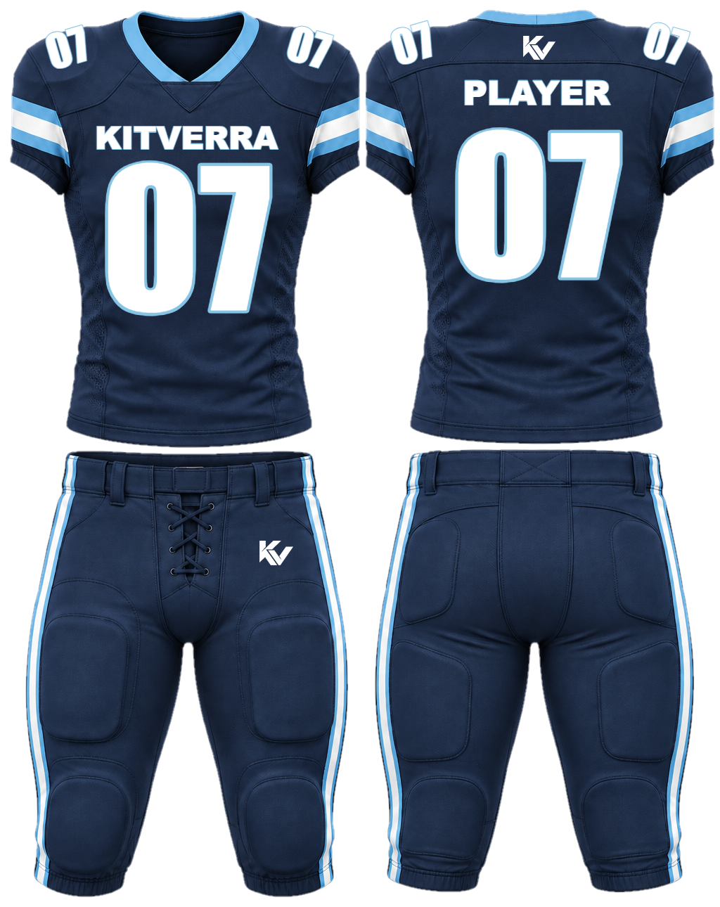 Varsity Midnight Padded game uniforms, front and back