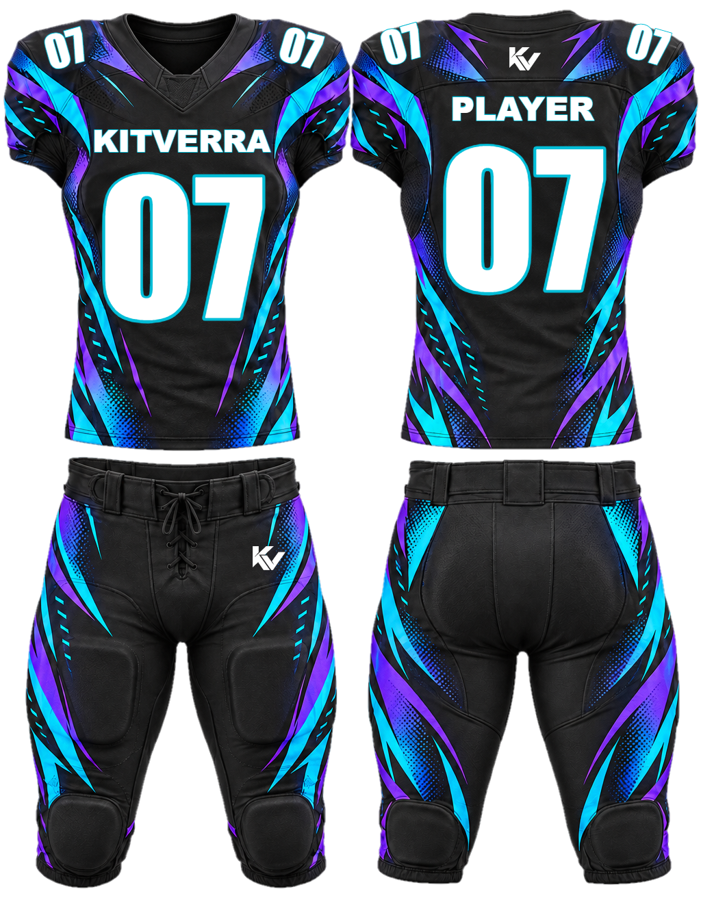 Padded American football jersey and knee pants, front and back