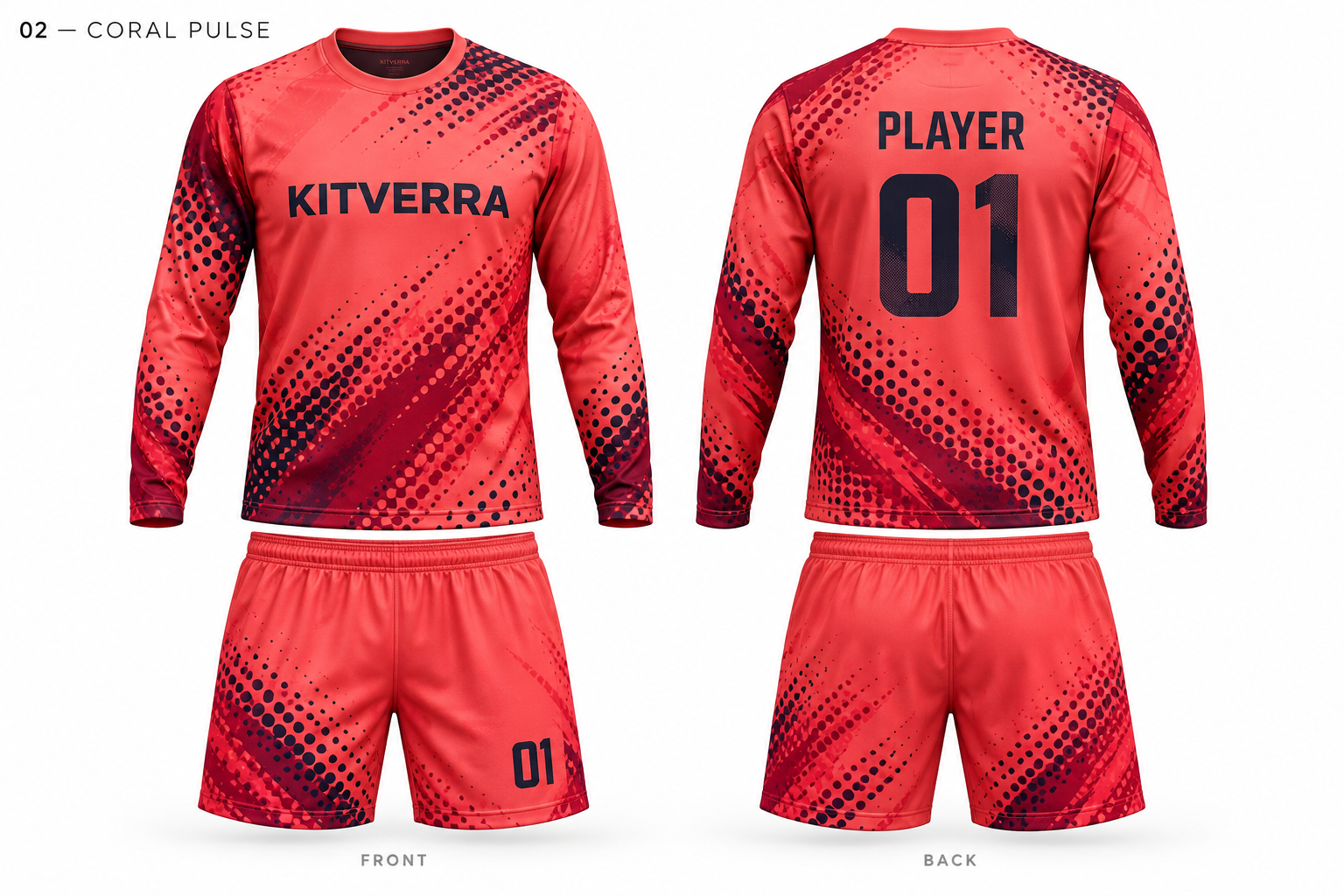 Coral Pulse goalkeeper jersey and matching shorts, front and back