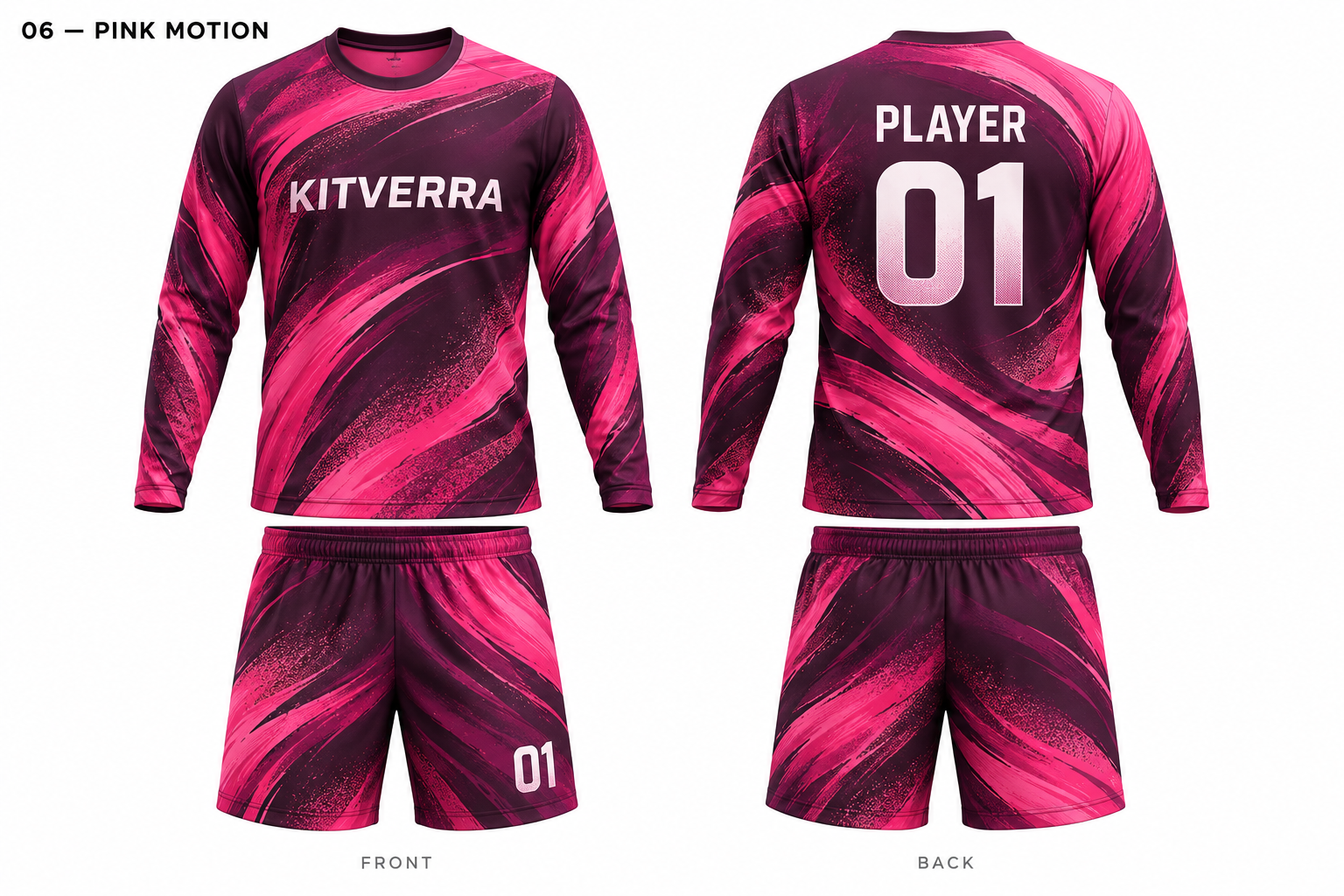 Pink Motion goalkeeper jersey and matching shorts, front and back