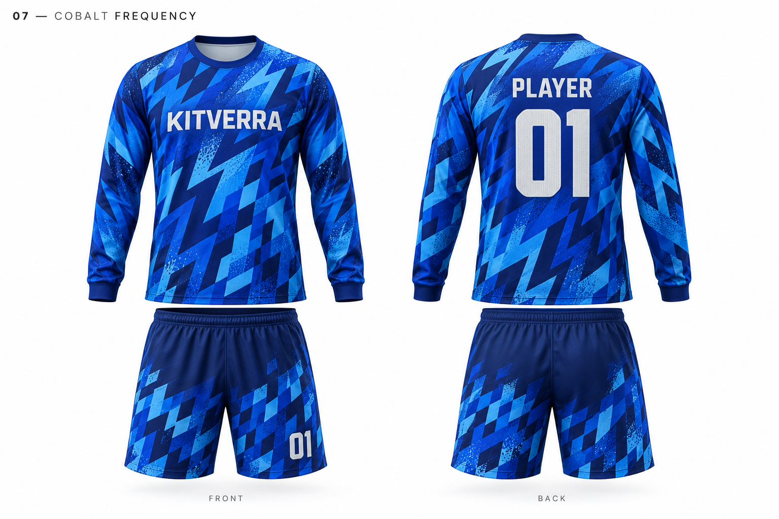 Cobalt Frequency goalkeeper jersey and matching shorts, front and back