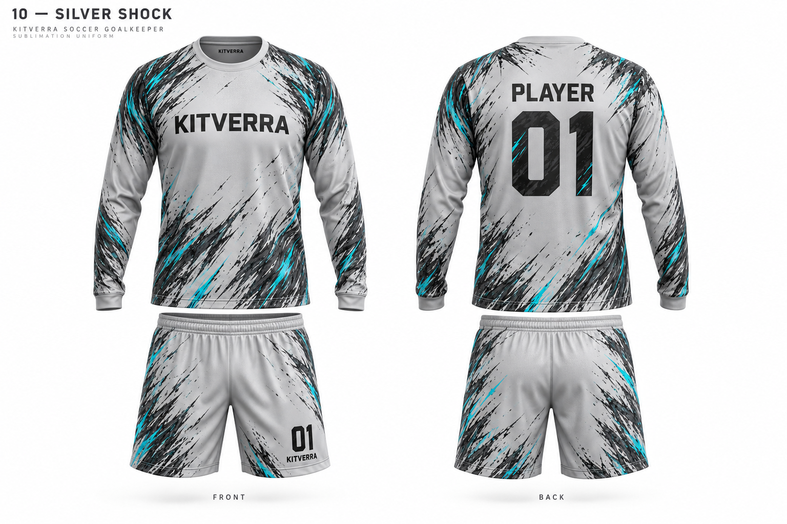 Silver Shock goalkeeper jersey and matching shorts, front and back