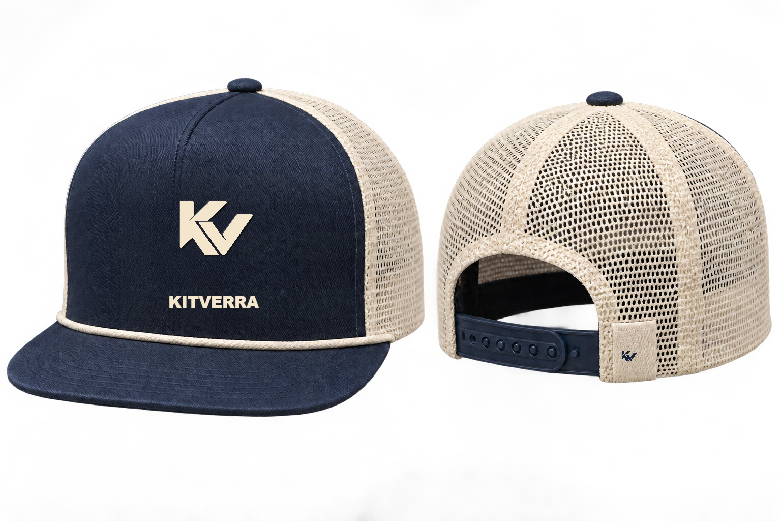 Mesh-back trucker hats with original decoration, front and back
