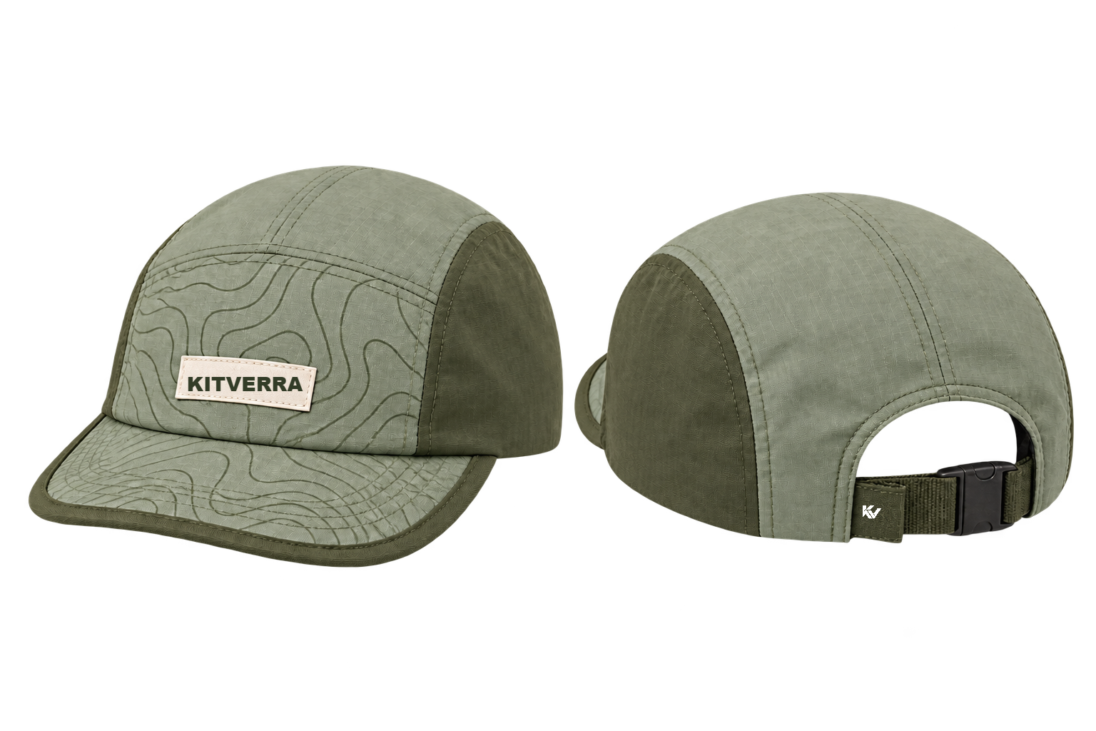 Trail Contour — Five-panel camp cap; front and back