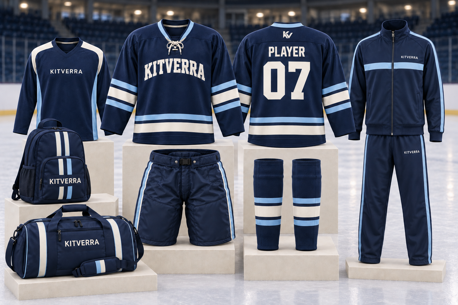 Complete KITVERRA ice hockey apparel package: game jersey front and back, practice jersey, pant shell, open-foot hockey socks, full tracksuit, backpack and duffel bag