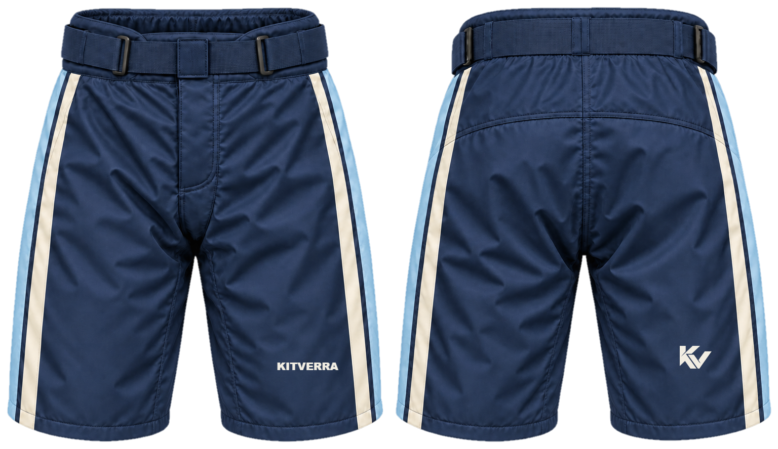 Navy Rail pant shells, front and back
