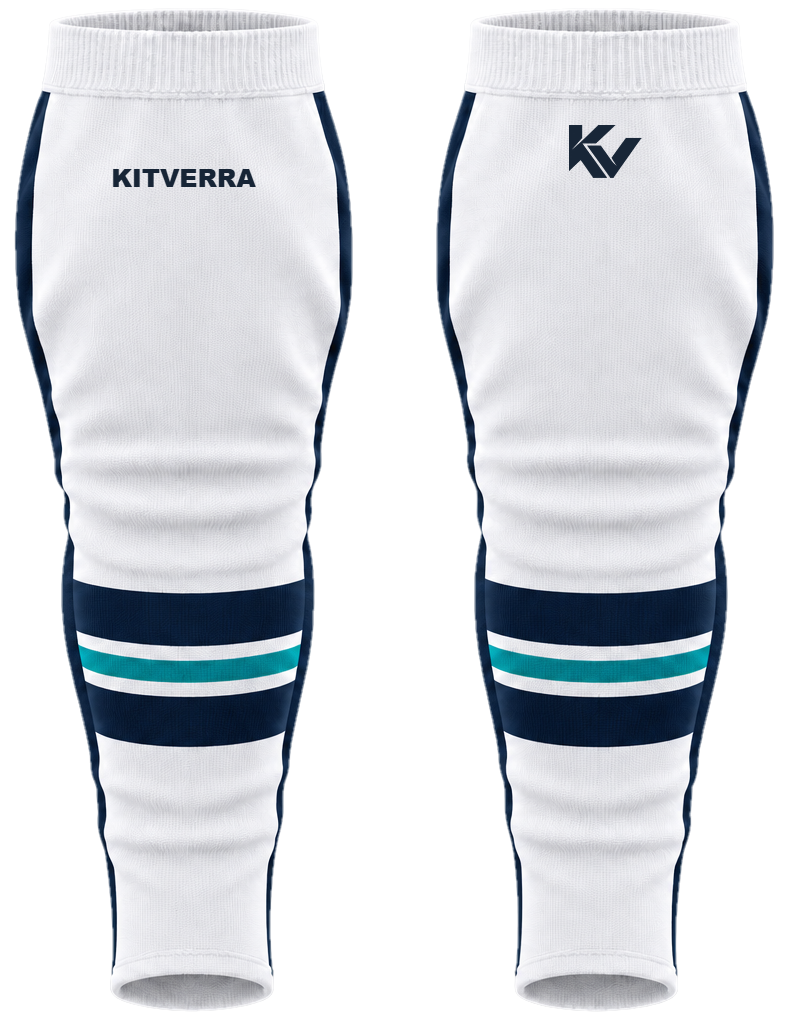 White Rink Rails hockey socks, front and back