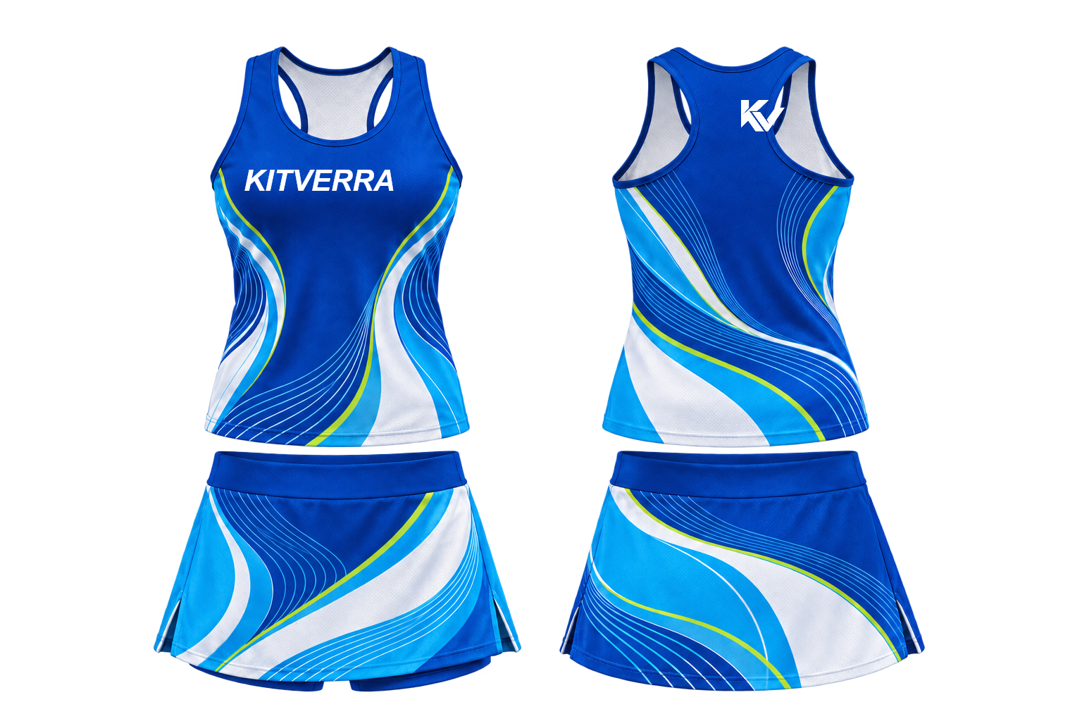 Azure Current netball top and skort, front and back