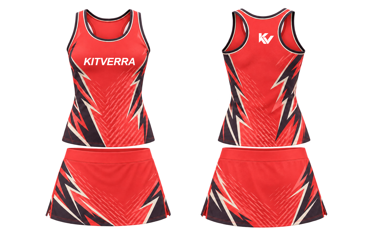 Coral Strike netball top and skort, front and back