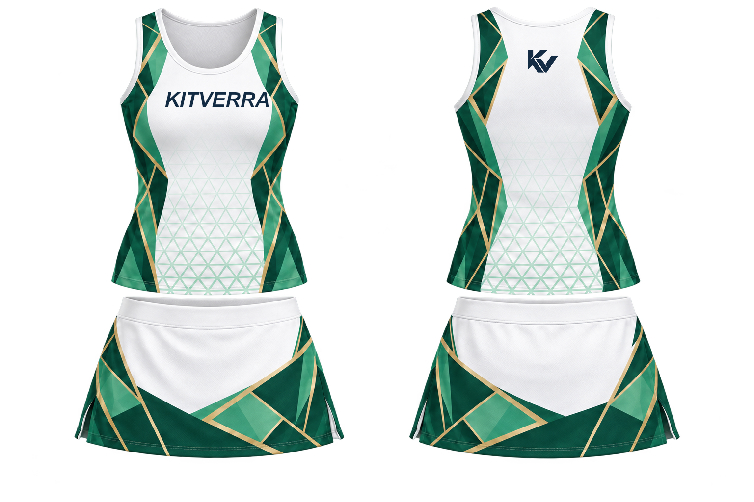 Emerald Facet netball top and skort, front and back