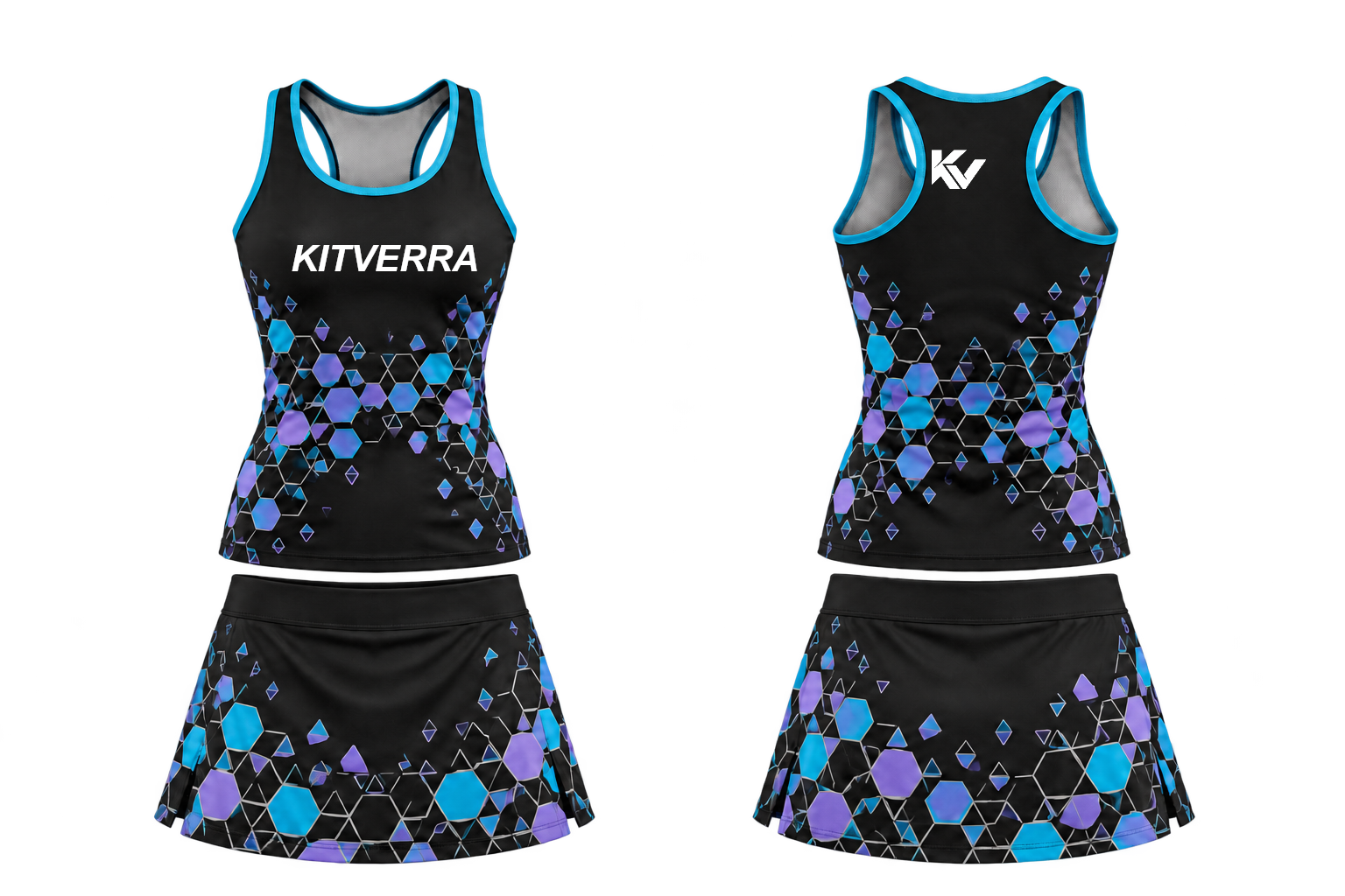 Graphite Grid netball top and skort, front and back