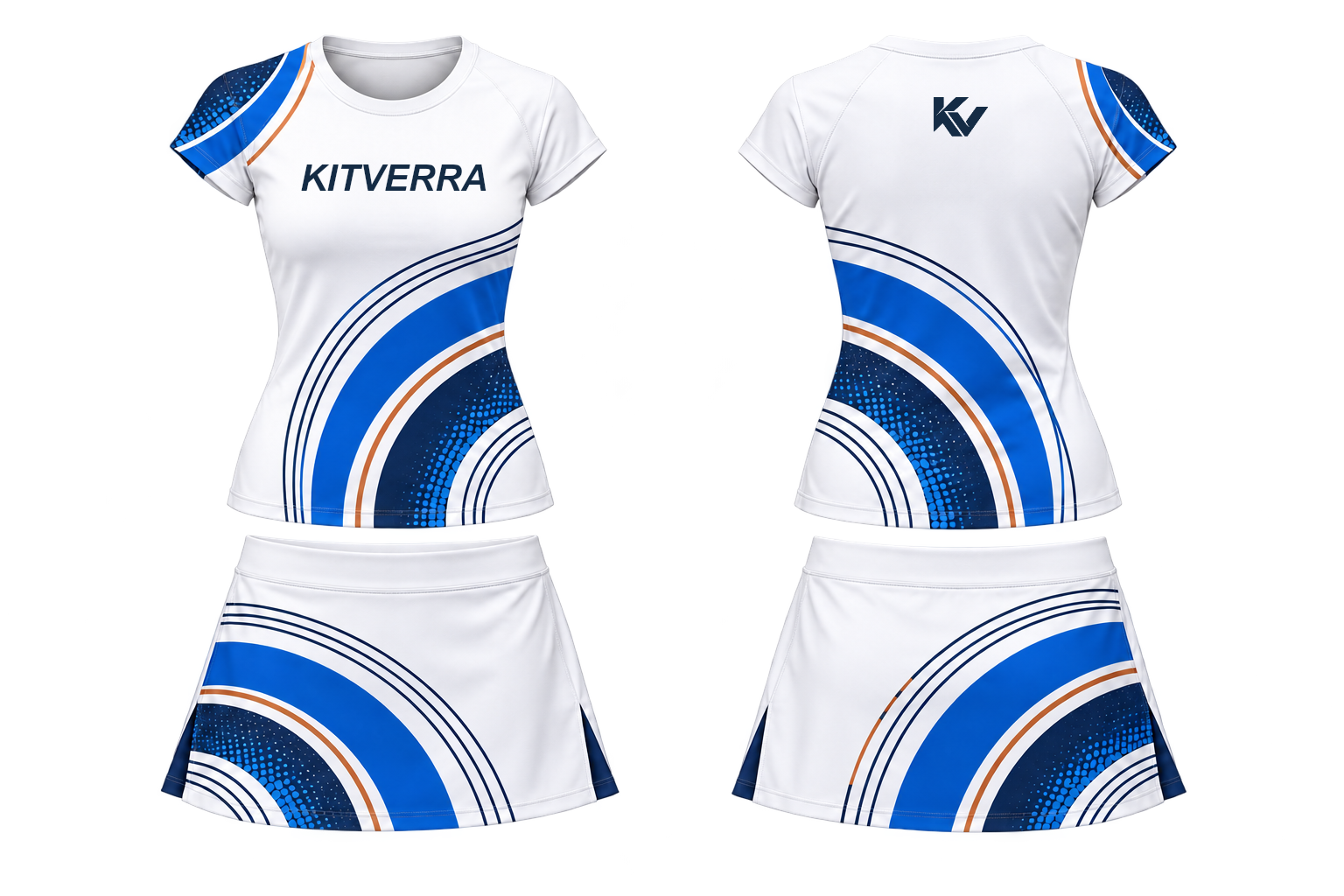 Ivory Orbit netball top and skort, front and back