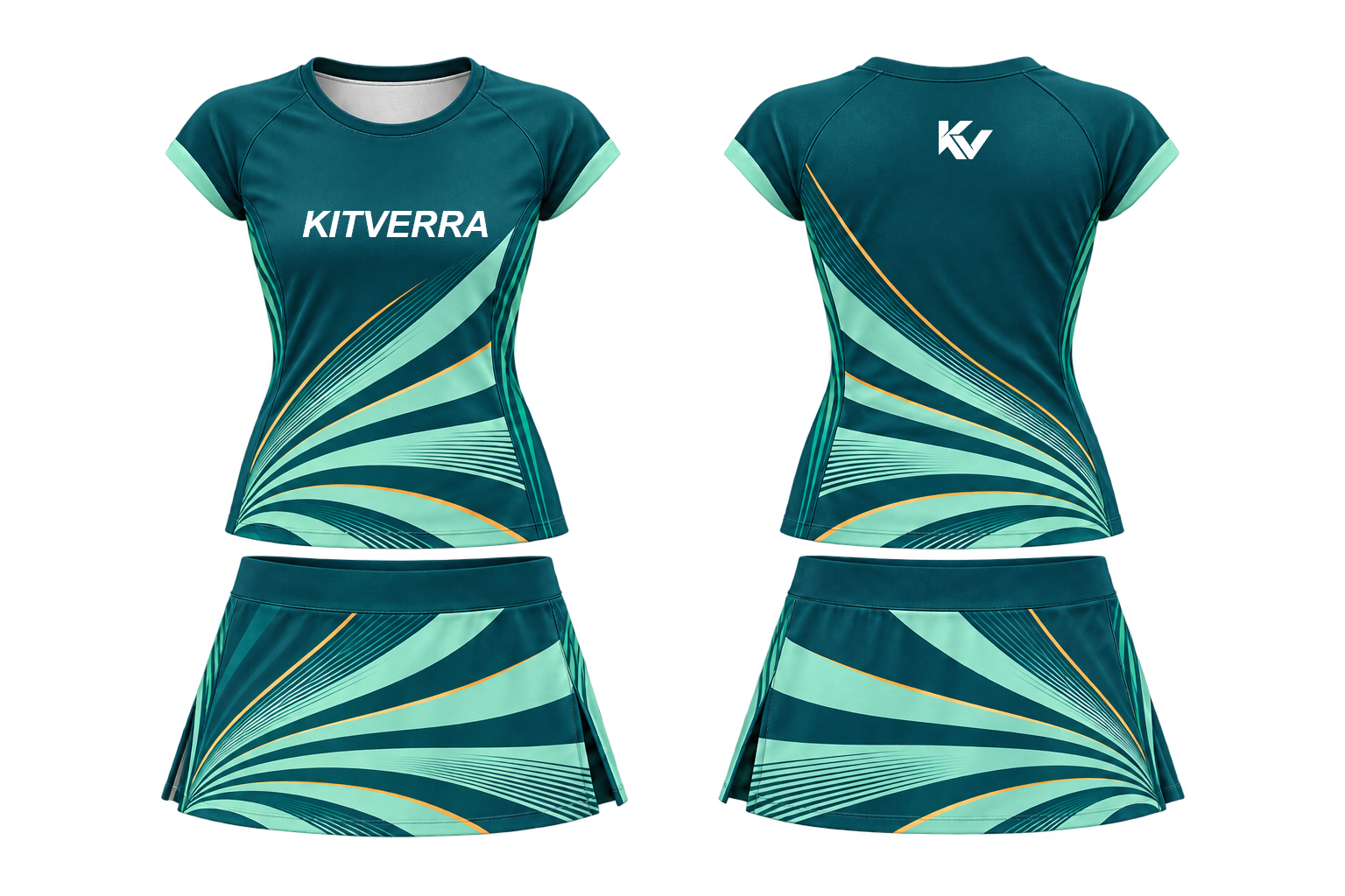 Teal Radiance netball top and skort, front and back