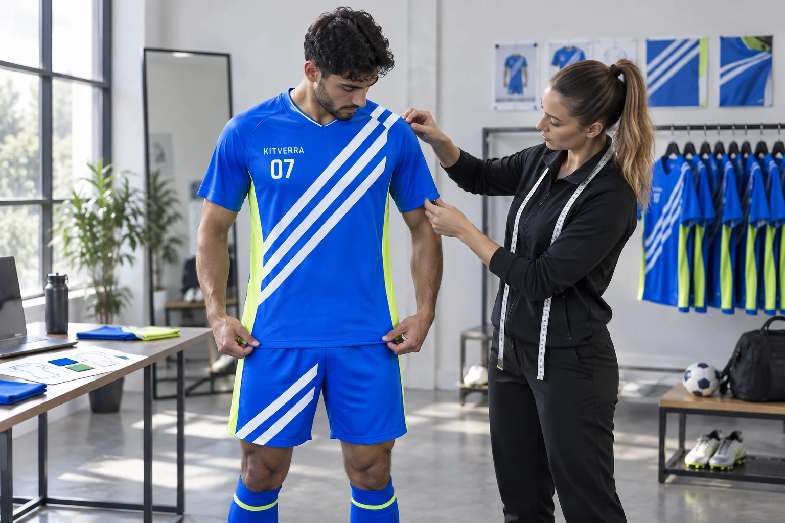 Original KITVERRA concept showing players reviewing the fit of their team kit