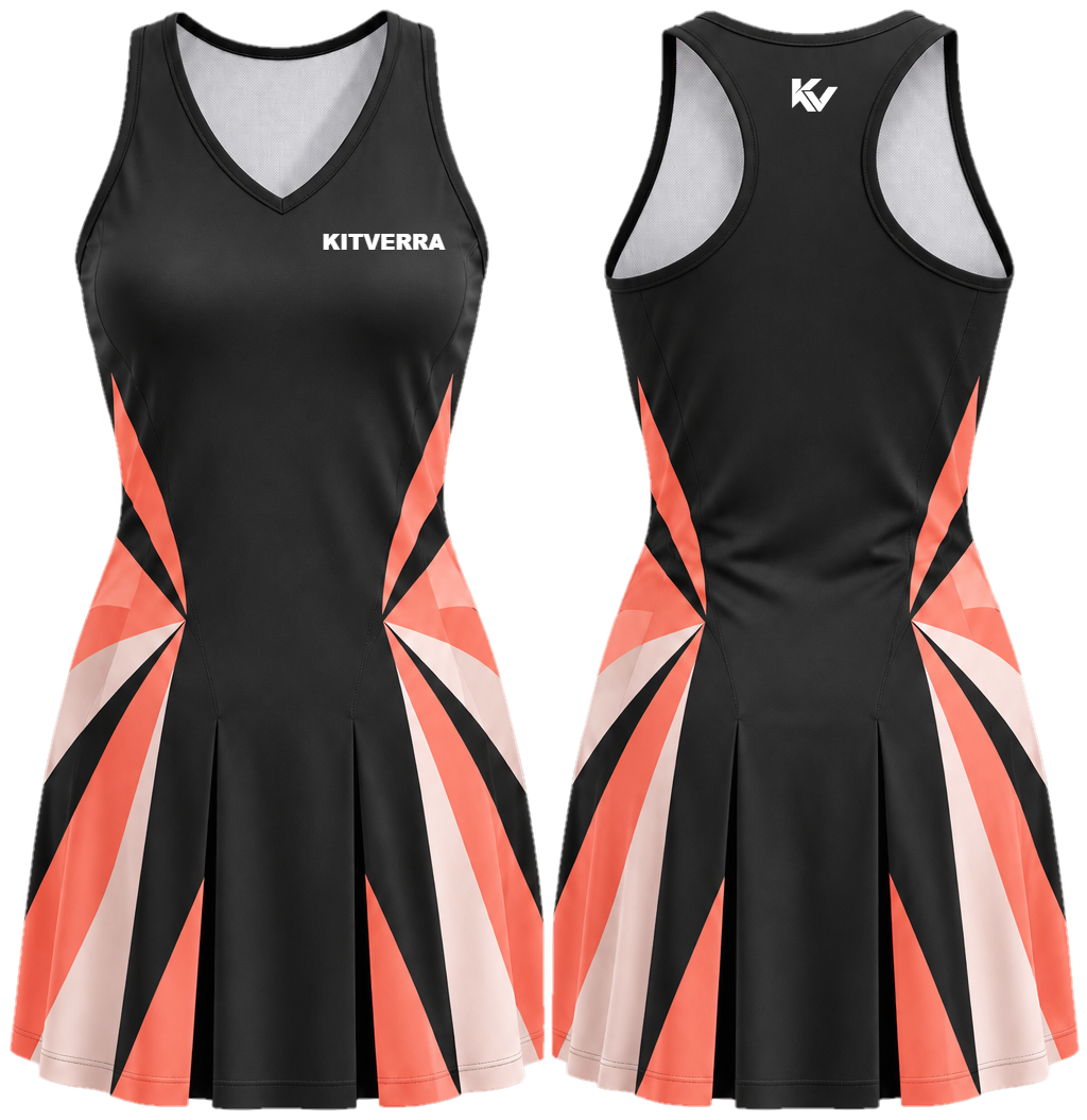 Geo Petal Court dresses, front and back