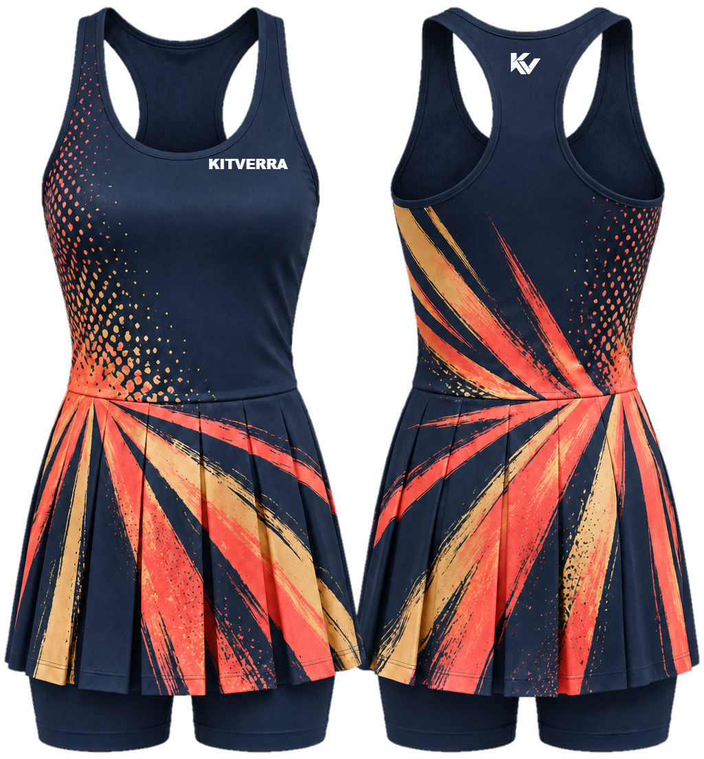 Solar Pleat Court dresses, front and back