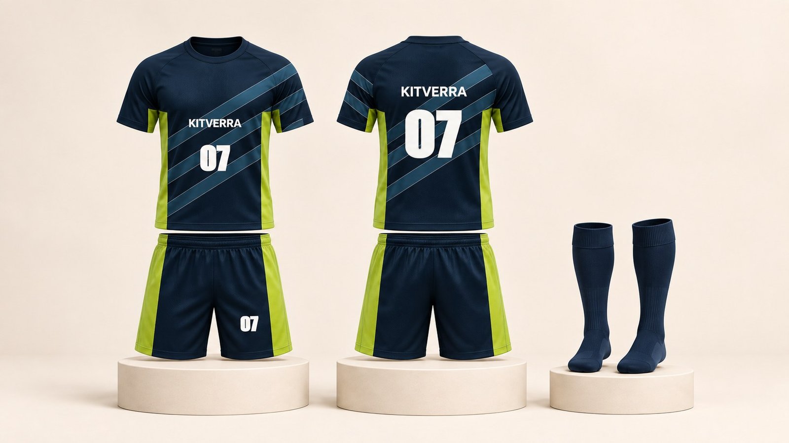Vector Football Kit complete concept package: front and back jerseys with matching shorts and coordinating football socks