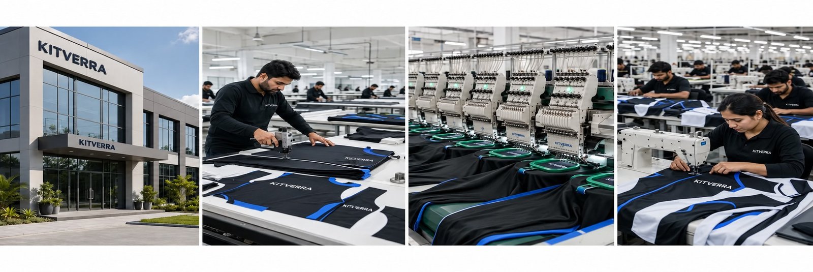 Illustrative KITVERRA factory, cutting, embroidery and sewing process gallery