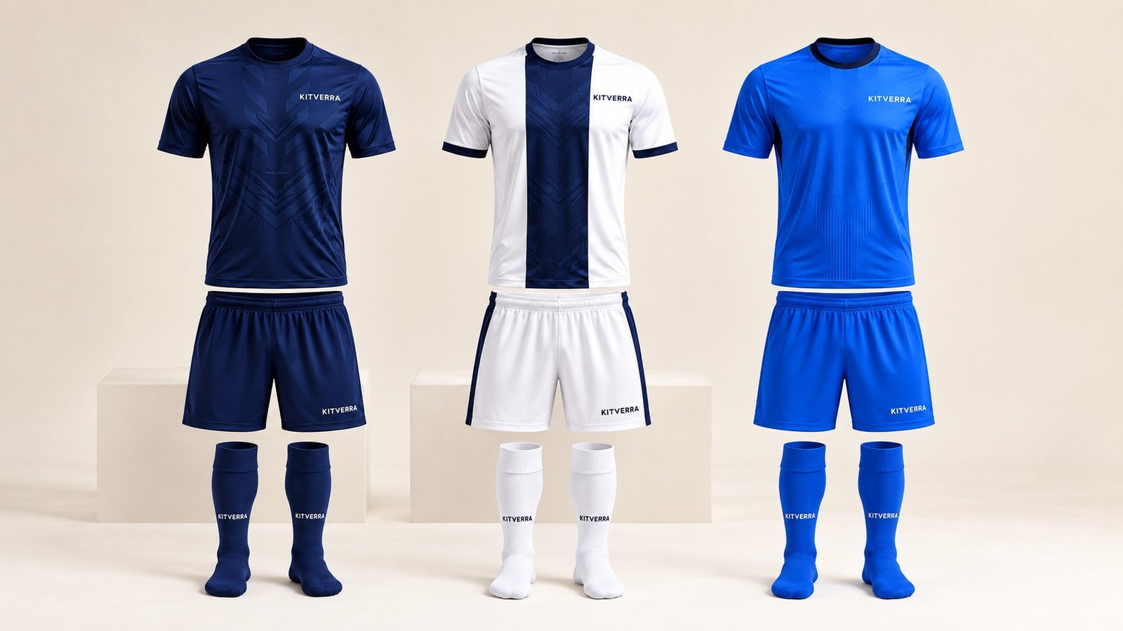Three complete KITVERRA soccer kits: navy home, white away and blue third, each with shorts and socks.