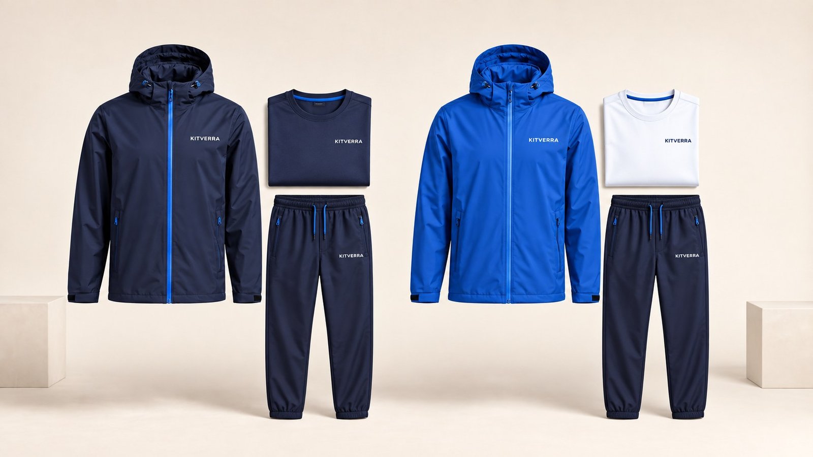 KITVERRA Two rain jacket layering concepts with matching bottoms.