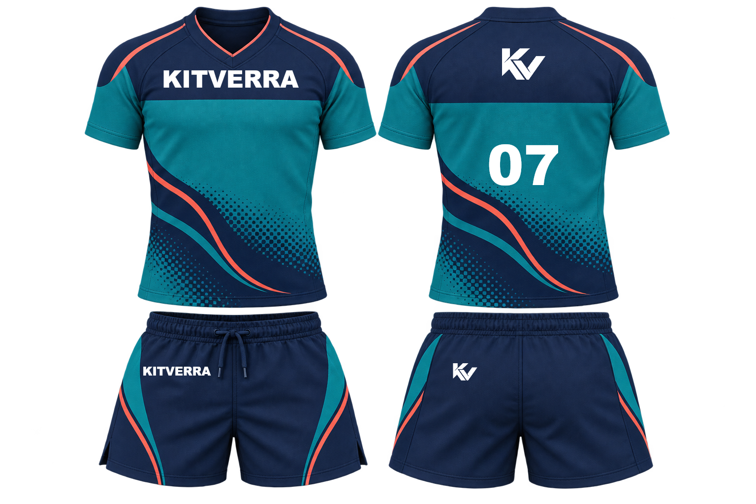 Coastal Fade rugby jersey and compact match shorts, front and back