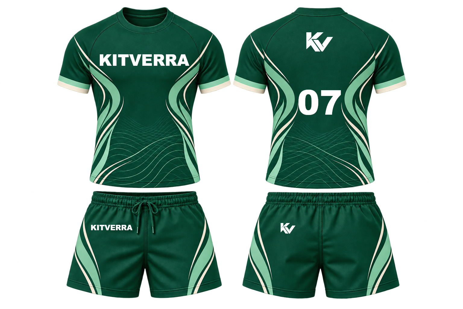 Forest Current rugby jersey and compact match shorts, front and back