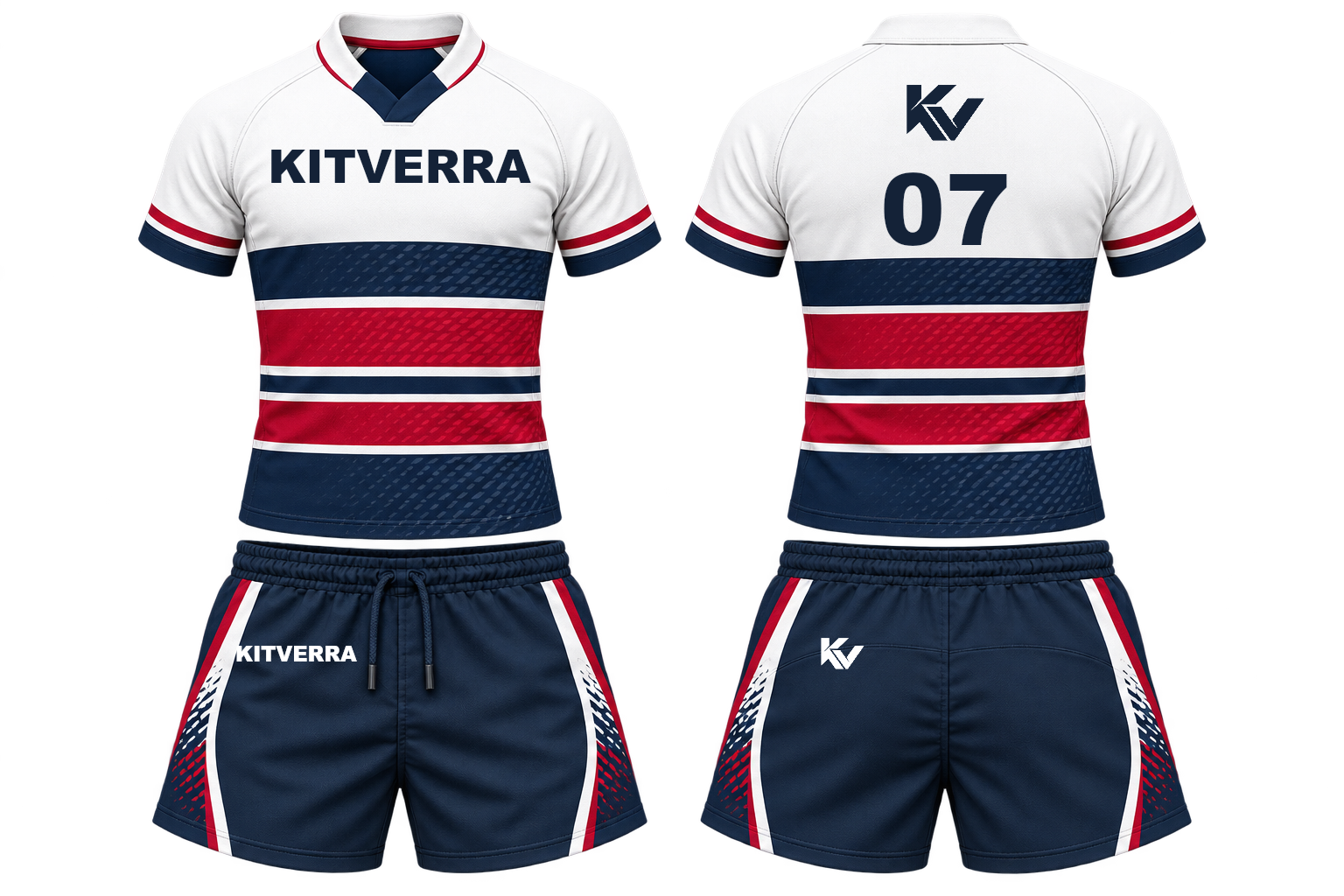 Liberty Strata rugby jersey and compact match shorts, front and back
