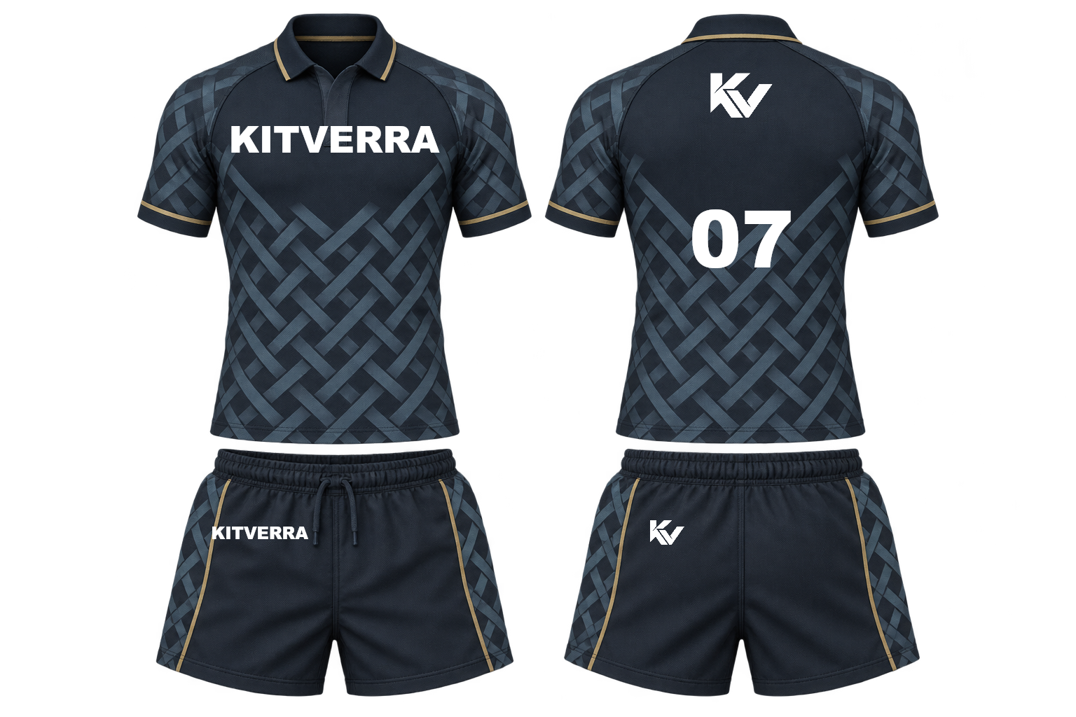 Midnight Weave rugby jersey and compact match shorts, front and back