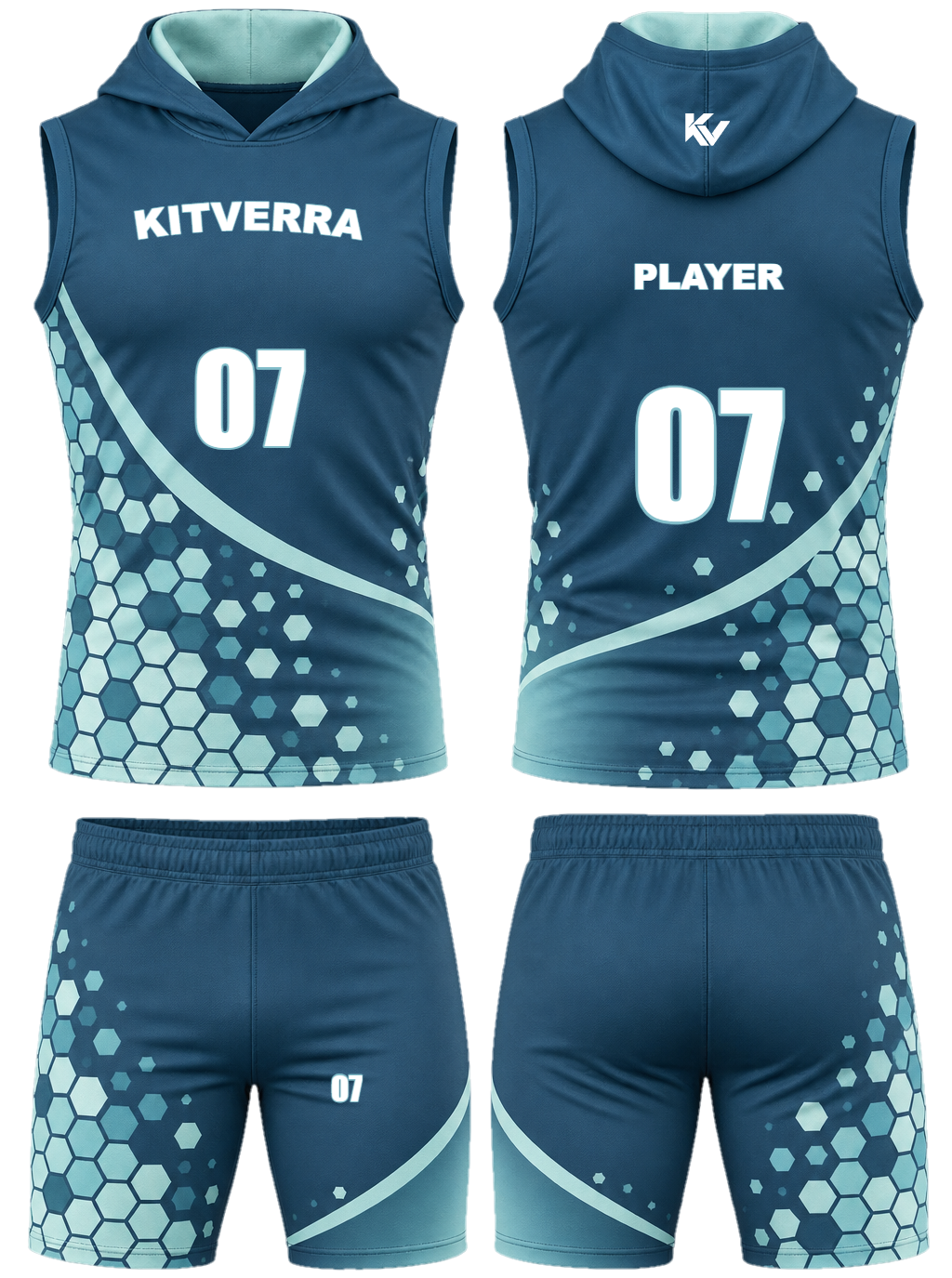 Glacier Hex 7v7 sleeveless hooded sets, front and back