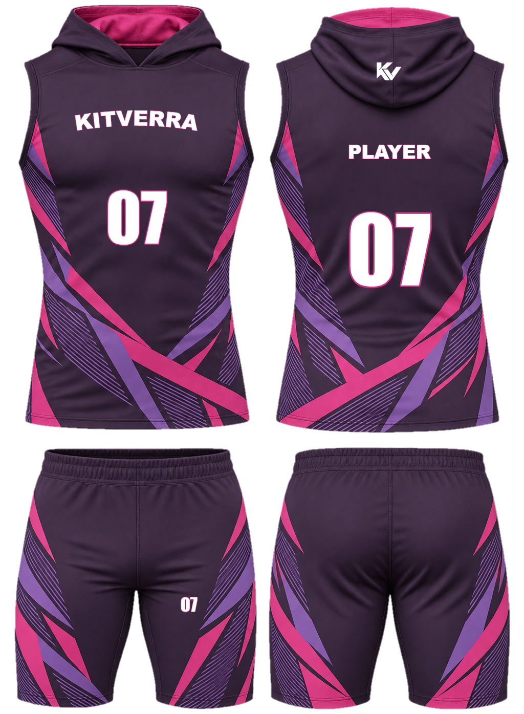 Magenta Rift 7v7 sleeveless hooded sets, front and back