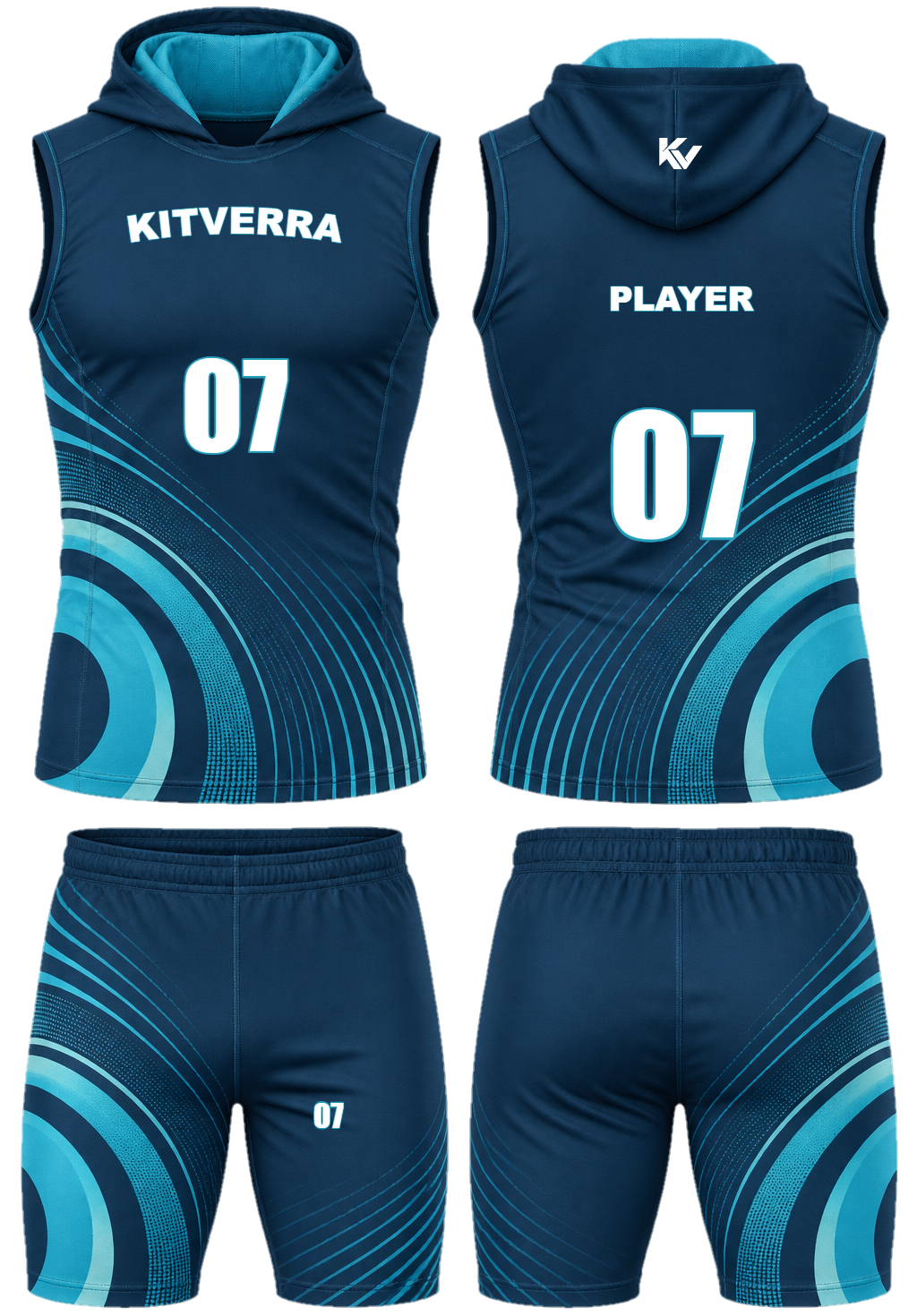 Ocean Pulse 7v7 sleeveless hooded sets, front and back