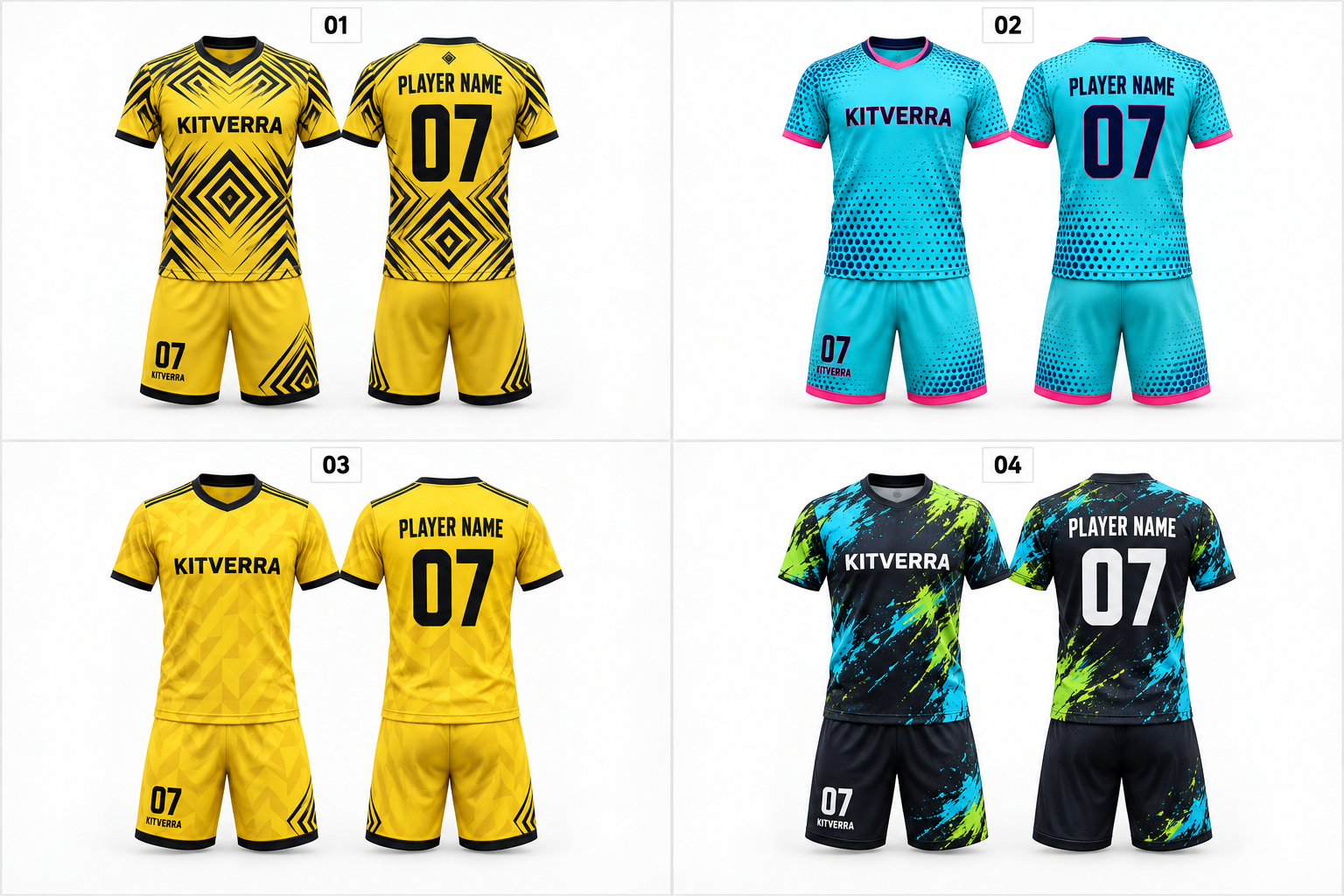 KITVERRA Diamond Yellow soccer jersey and matching shorts, front and back