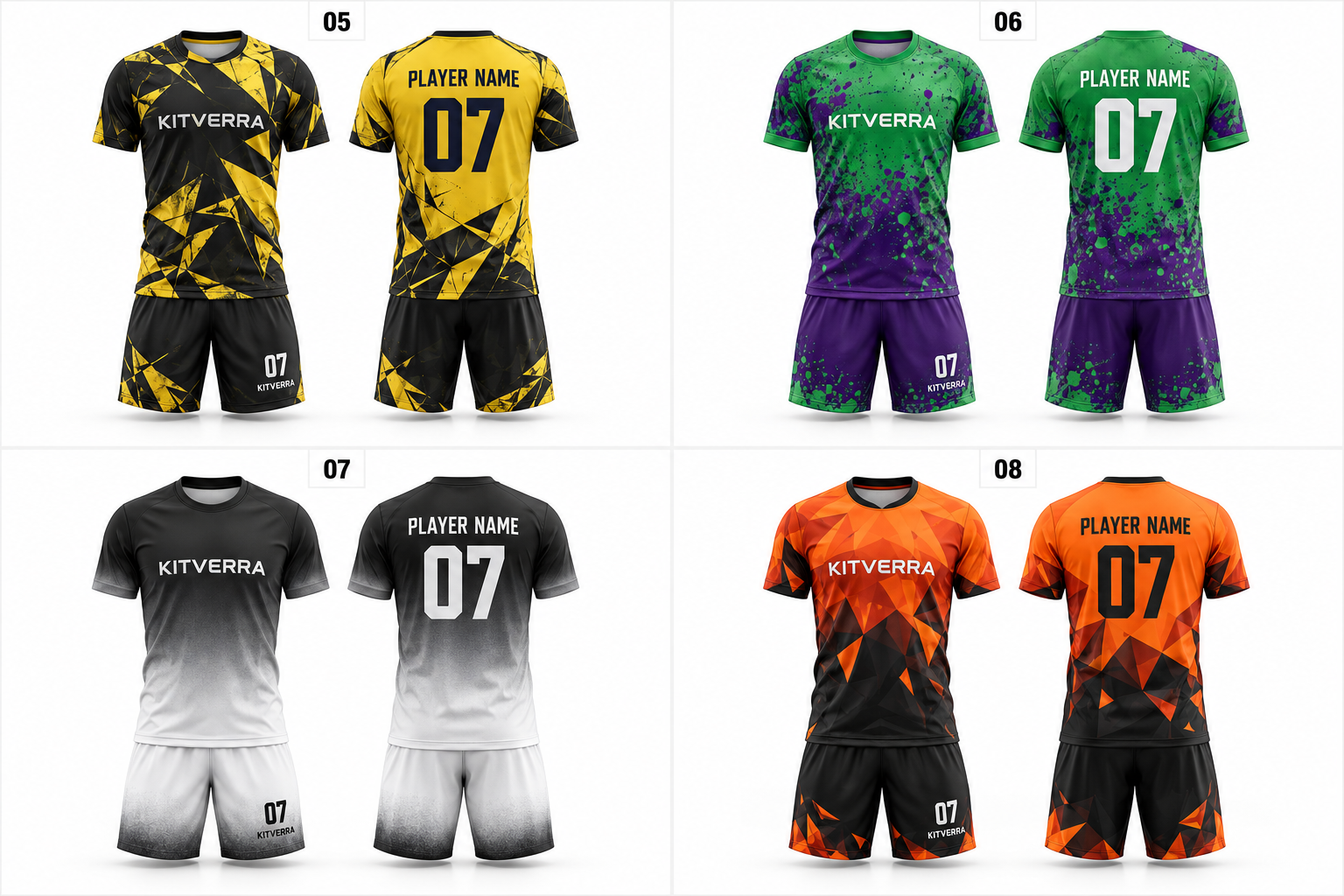 KITVERRA Black Gold Fracture soccer jersey and matching shorts, front and back