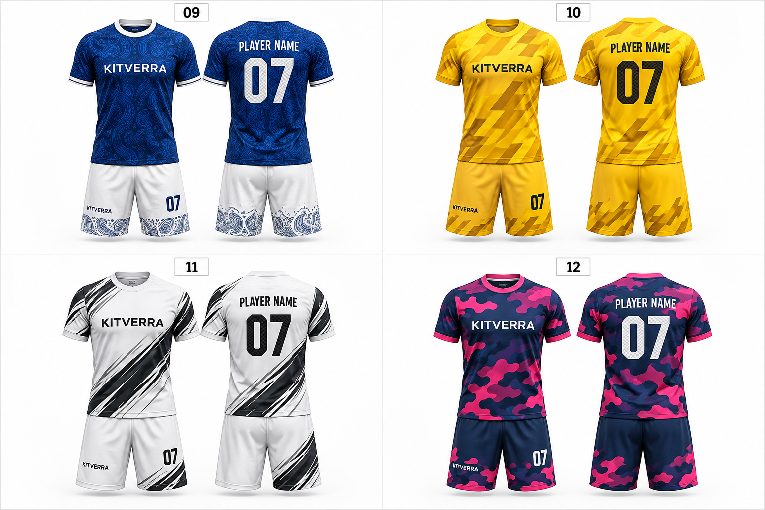KITVERRA Blue Paisley soccer jersey and matching shorts, front and back