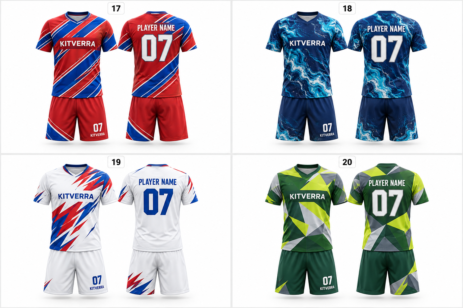 KITVERRA Diagonal Stripes soccer jersey and matching shorts, front and back