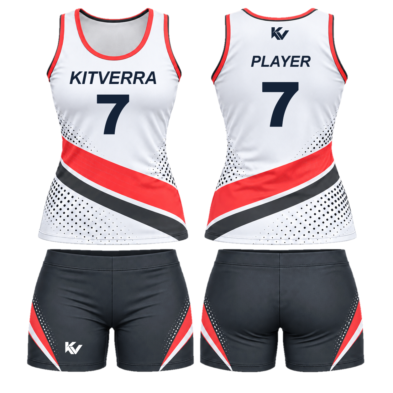 Coral Tempo volleyball top and fitted court shorts, front and back