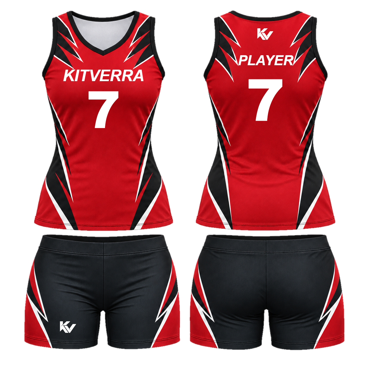 Scarlet Wing volleyball top and fitted court shorts, front and back