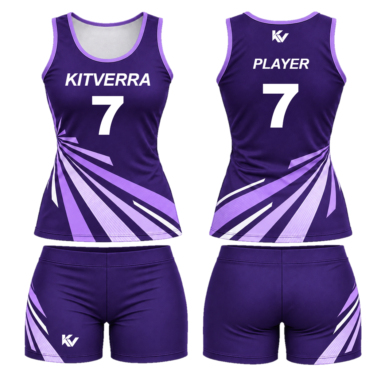 Violet Pulse volleyball top and fitted court shorts, front and back