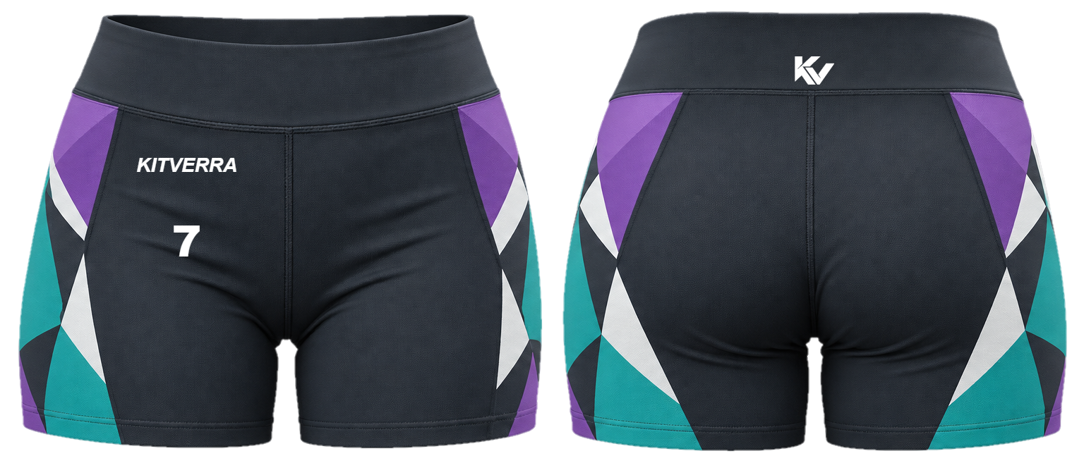 Rally Mosaic fitted volleyball shorts, front and back