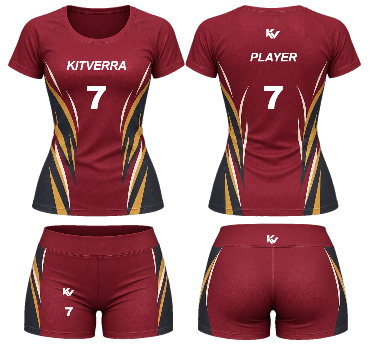 Crosscourt Flame sleeved volleyball top and fitted court shorts, front and back