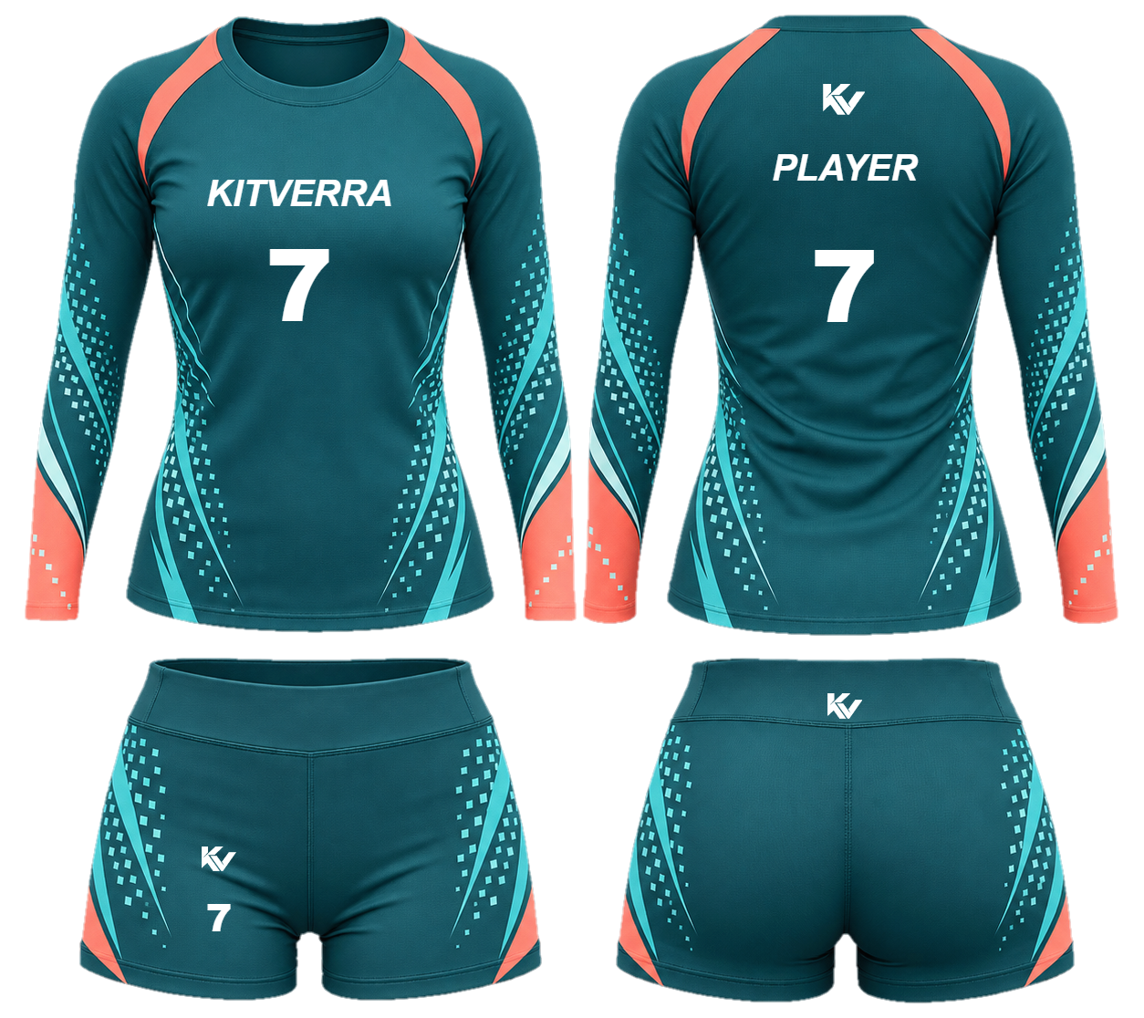 Net Current sleeved volleyball top and fitted court shorts, front and back