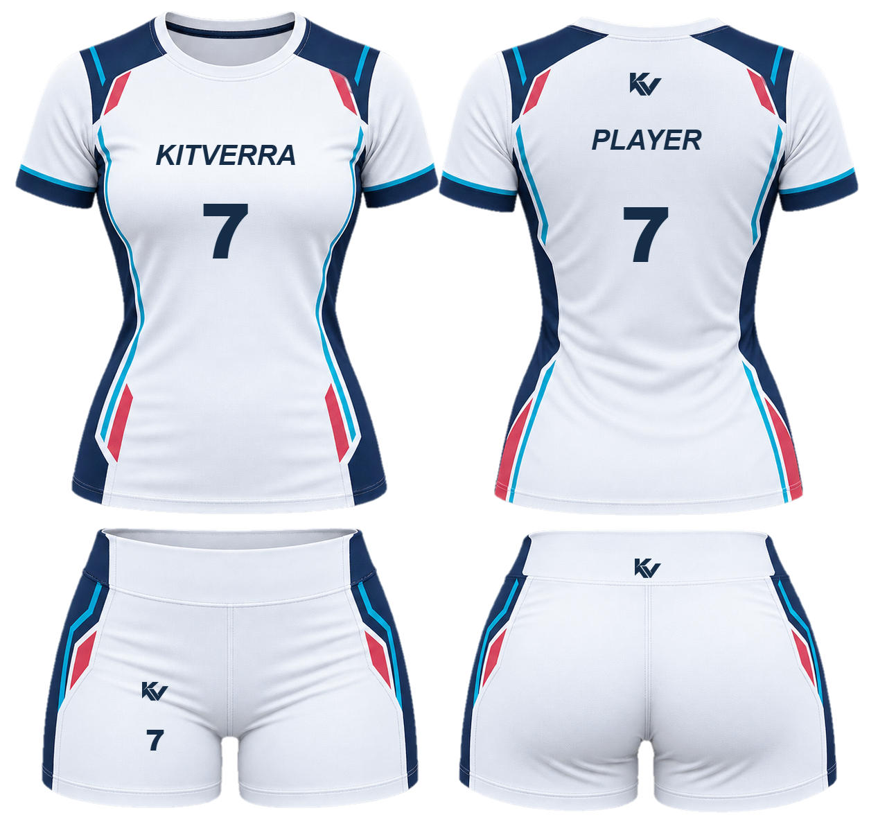 White Rotation sleeved volleyball top and fitted court shorts, front and back