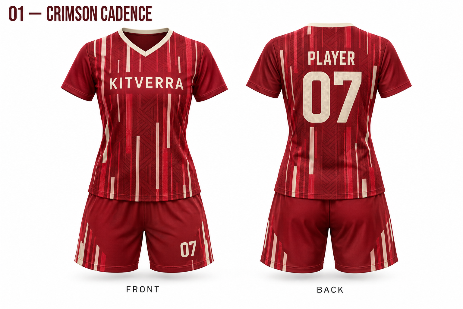 Crimson Cadence women soccer jersey and matching shorts, front and back