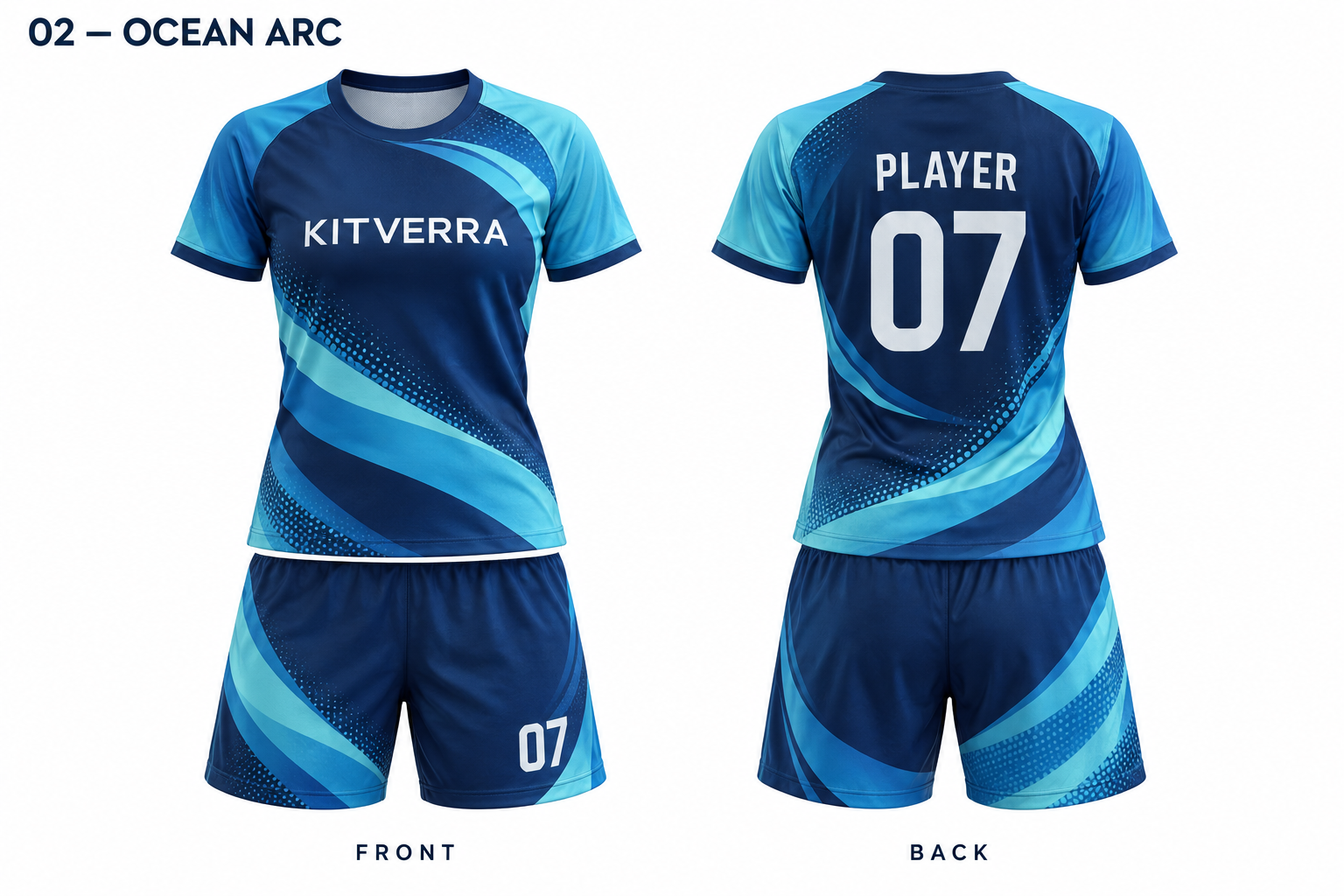 Ocean Arc women soccer jersey and matching shorts, front and back
