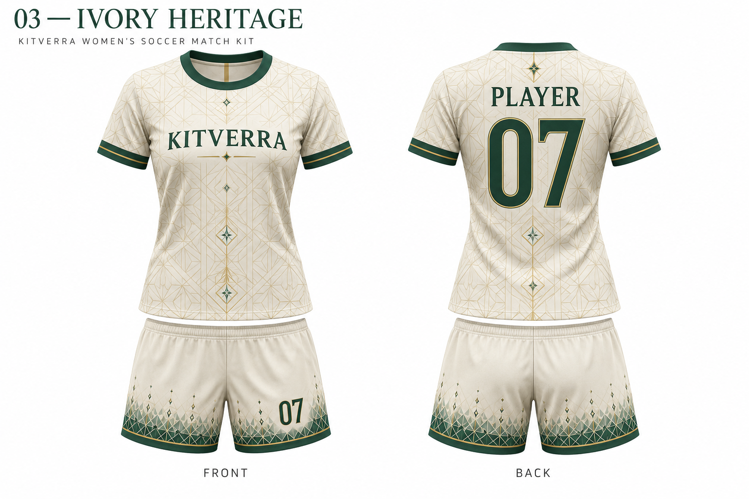Ivory Heritage women soccer jersey and matching shorts, front and back