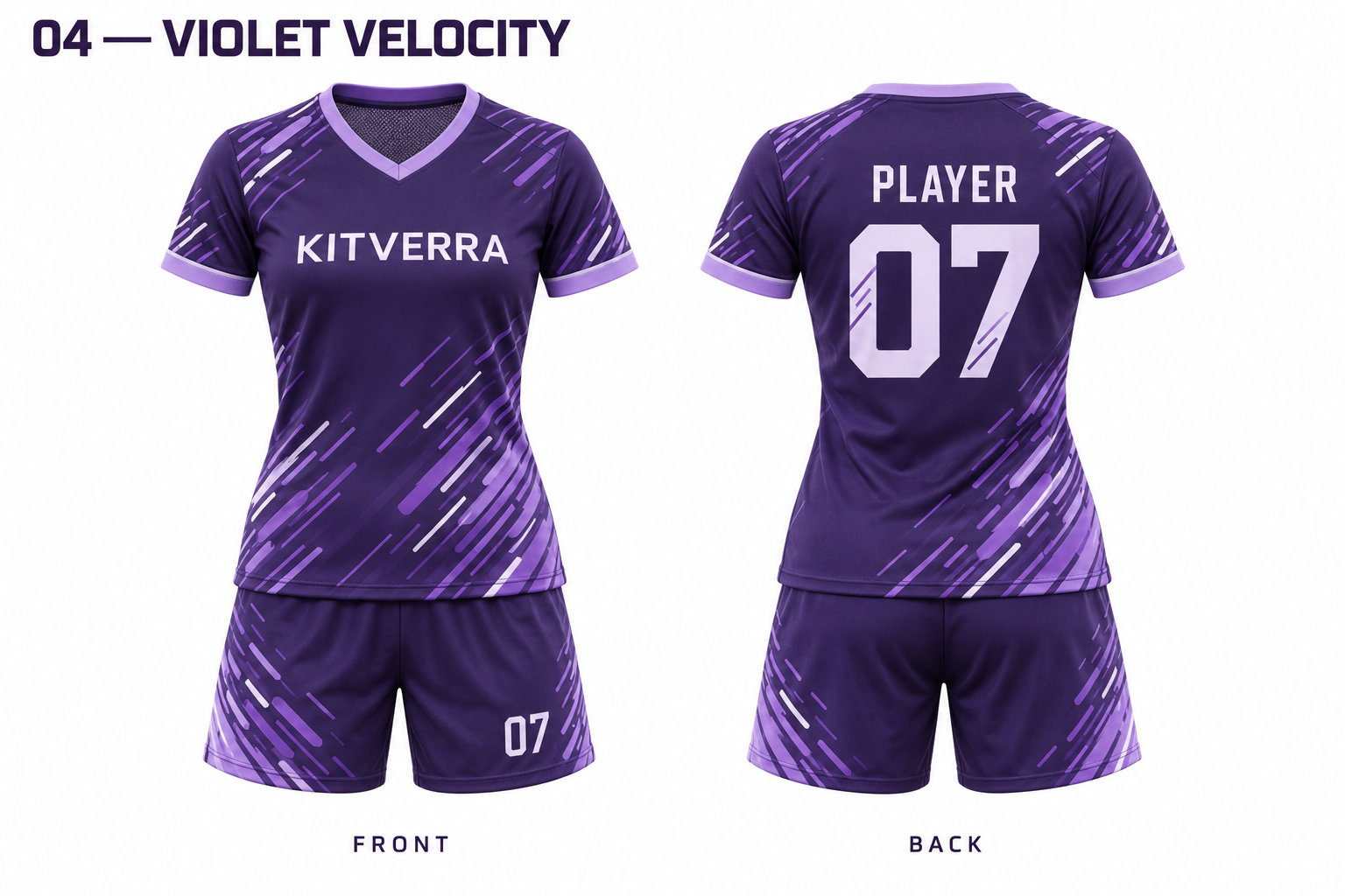 Violet Velocity women soccer jersey and matching shorts, front and back