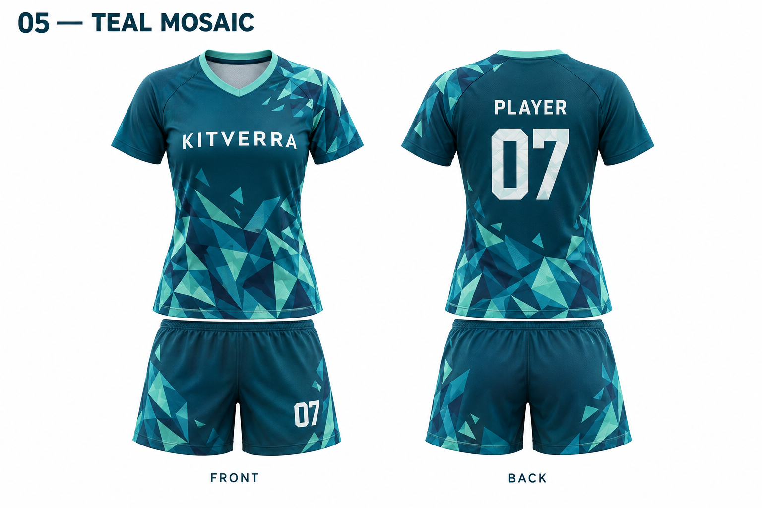 Teal Mosaic women soccer jersey and matching shorts, front and back