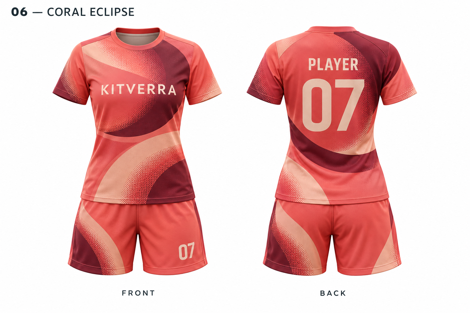 Coral Eclipse women soccer jersey and matching shorts, front and back